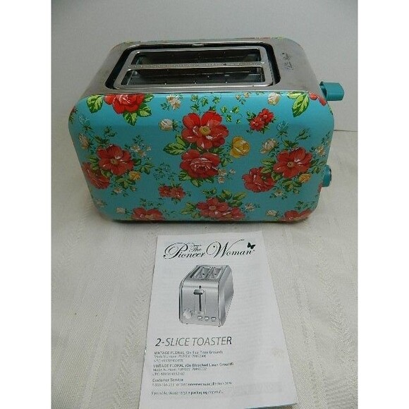 The Pioneer Woman Slice Toaster Vintage Floral Teal W/Red Flowers Tested/WORKS! - Picture 2 of 11